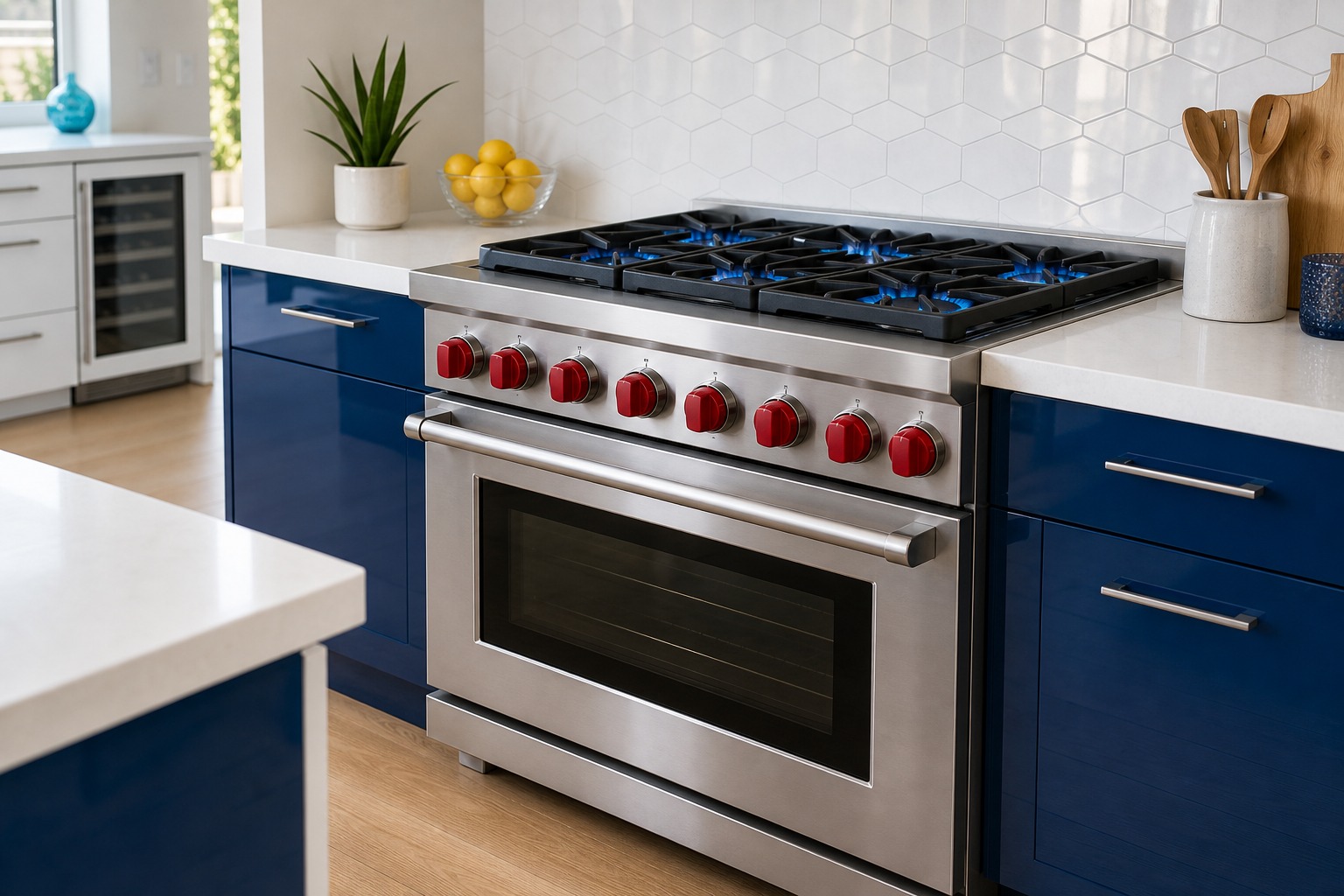 Wolf professional dual-fuel range with red knobs in a bright Sunnyvale kitchen