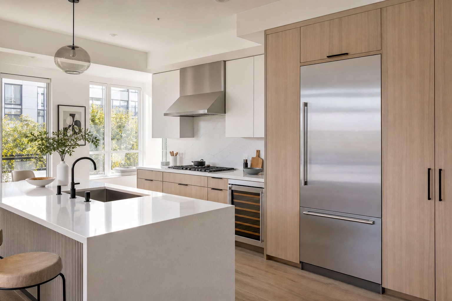 Bright modern Sunnyvale kitchen with an integrated Sub-Zero built-in, used to illustrate Sub-Zero repair pricing