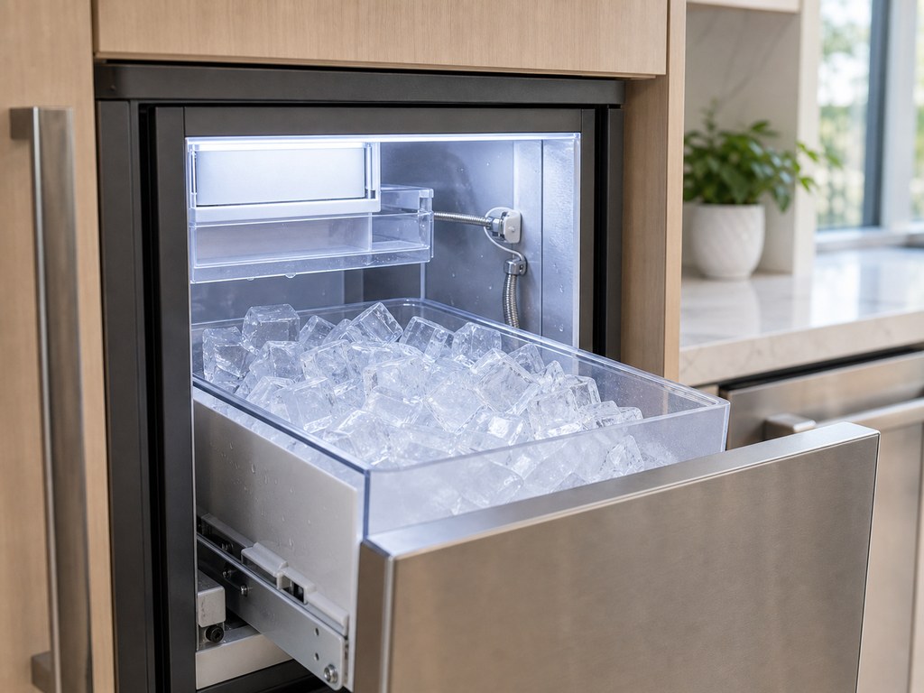 Built-in Sub-Zero clear-ice maker with the bin pulled out and the water supply line visible behind it