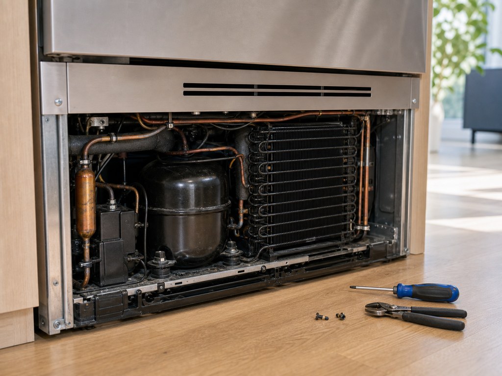 Lower mechanical bay of a built-in Sub-Zero showing the compressor, condenser coils and sealed-system tubing during a Sunnyvale repair