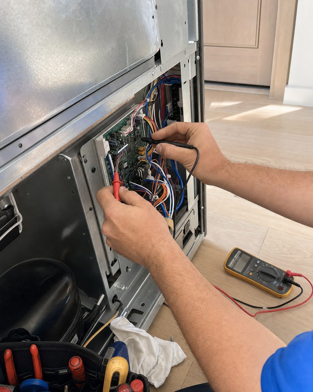 Sub-Zero Sunnyvale technician diagnosing a built-in refrigerator to advise whether it is worth repairing or replacing